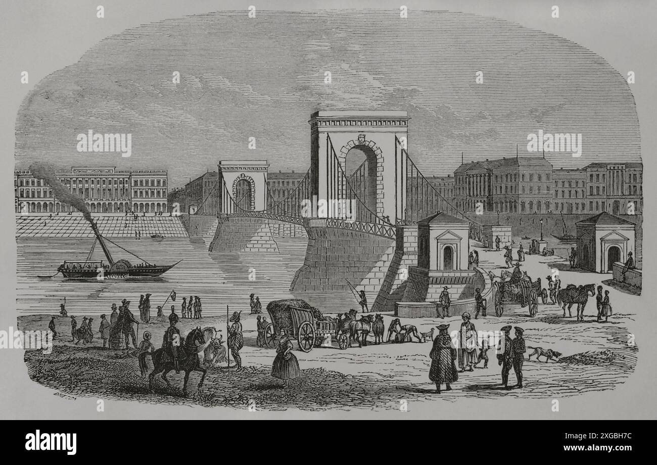 Ungarn. Kettenbrücke. Brücke über die Donau, die die beiden Städte Buda und Pest miteinander verband. Er wurde von dem englischen Ingenieur William Tierney Clark (1783–1852) entworfen und von dem schottischen Ingenieur Adam Clark (1811–1866) gebaut. Der Bau begann 1839 und wurde am 20. November 1849 eingeweiht. Gravur. „Los Héroes y las Grandezas de la Tierra“ (die Helden und die Grandeure der Erde). Band VIII. 1856. Stockfoto