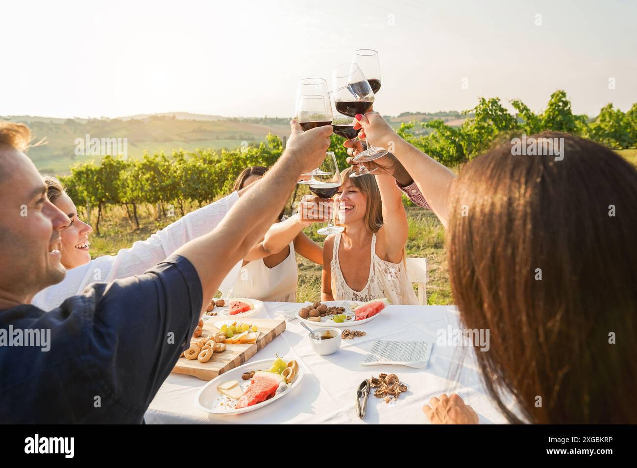 Glückliche Erwachsene Freunde, die Spaß dabei haben, Rotwein zu trinken und zusammen mit dem Weingut im Hintergrund zu essen - multirassische Leute, die im Sommer Vorspeisen essen Stockfoto