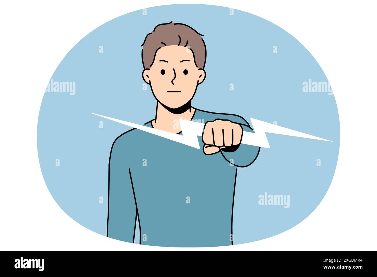 Ein starker Mann mit einem Blitz symbolisiert Energie und Entschlossenheit, Probleme zu lösen und Probleme zu bekämpfen. Starker, mutiger Kerl mit Symbol für Gewitter oder Regenwetter Stock Vektor