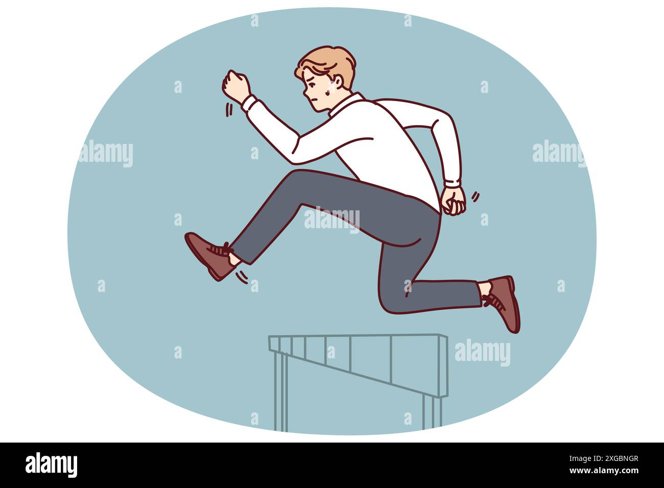 Ein Geschäftsmann überspringt Hindernisse, um Erfolg zu haben und neue Kunden für Unternehmens- oder Rekordstatistiken zu gewinnen. Zielgerichteter Geschäftsmann in formeller Kleidung, der Führungsqualitäten zeigt Stock Vektor