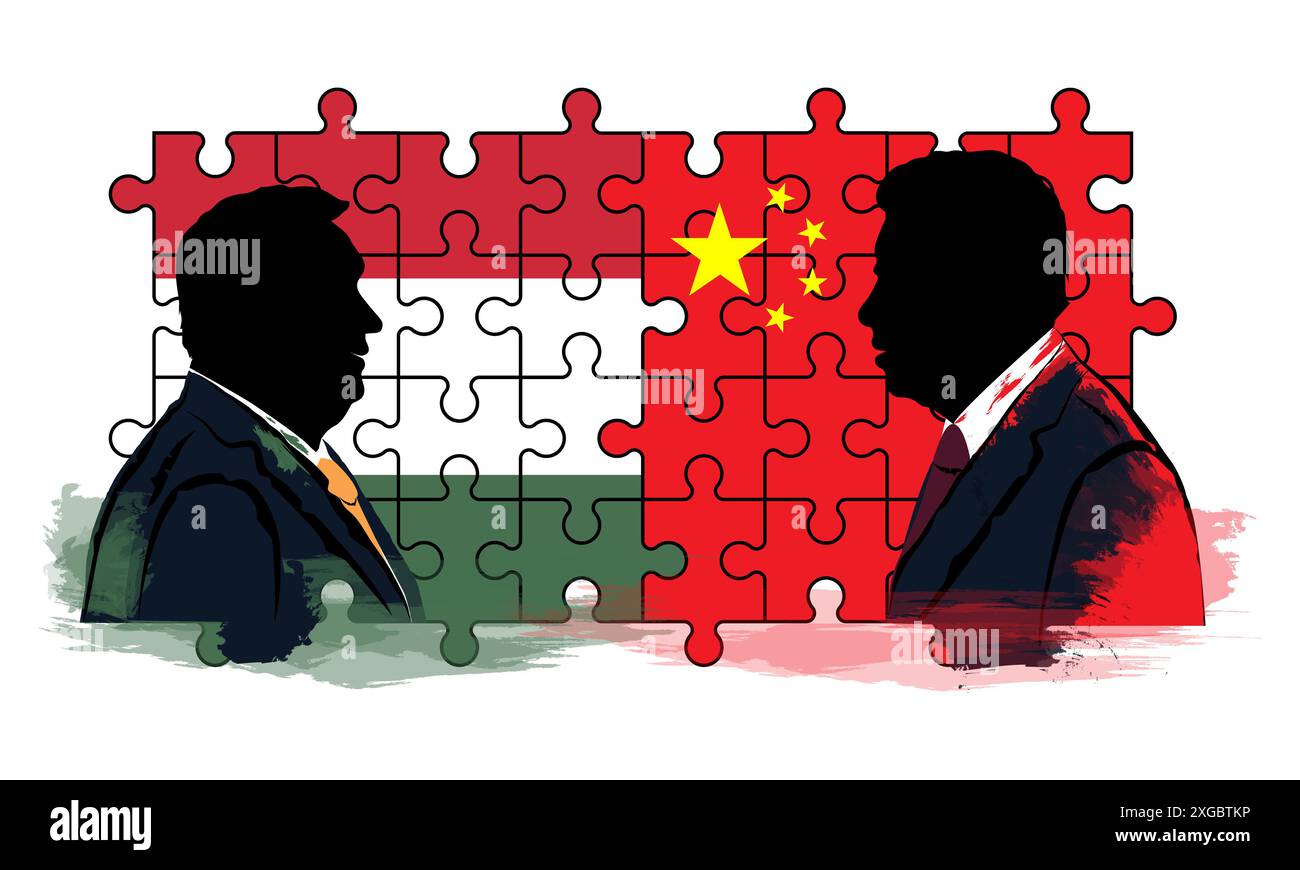 Der ungarische Premierminister Viktor Orban und der chinesische Führer Xi Jinping vor dem Hintergrund nationaler Flaggen. Stockfoto