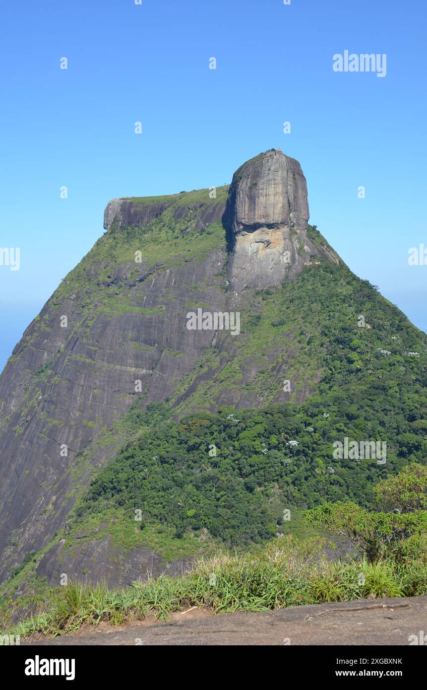 Weite Sicht auf den wunderschönen Pedra da Gávea (Gavea-Felsen) von einem Aussichtspunkt in Pedra Bonita (wunderschöner Stein) - Rio de Janeiro, Brasilien Stockfoto