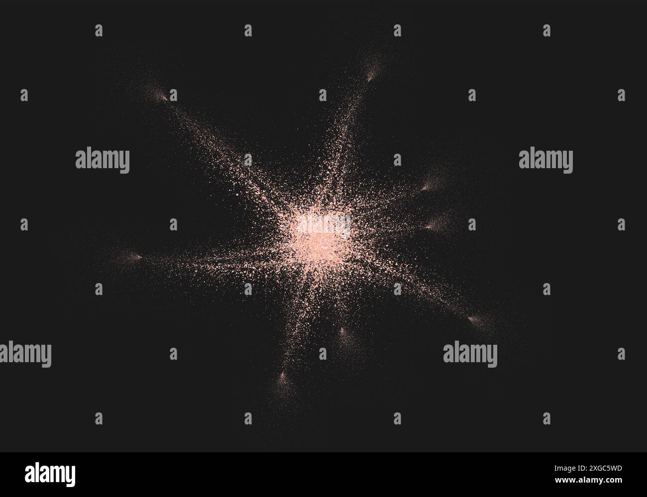 Salz- oder Zuckerkristall, fliegende Staubpartikel. Rosafarbene Staubkornstruktur Sternform dunkler Hintergrund. Zerkleinertes Sandgranulat oder himalaya-Salz Stock Vektor