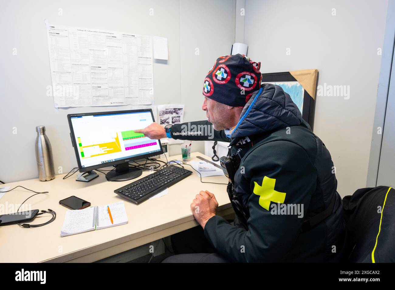 Frankreich, Haute Savoie, Mont Blanc Massif, Chamonix, Argentières, Grands Montets Area, Lognan, ein Tracker, Laurent Langeur, führt eine statistische Erhebung der Schneedecke durch, um deren Widerstand und das Lawinenrisiko zu messen, die jeden Morgen aktualisiert wird Stockfoto