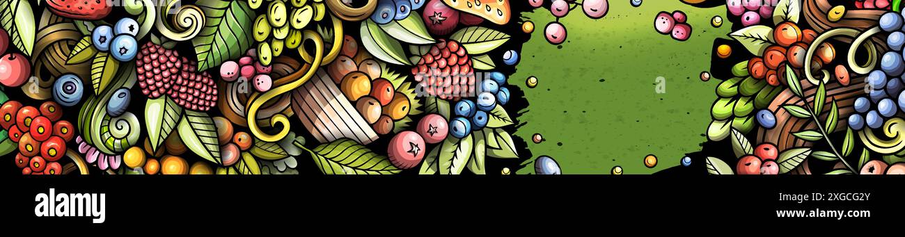 Cartoon Vektor Doodle Beeren Banner Hintergrund. Lustiges, farbenfrohes Design für Naturkost Stock Vektor