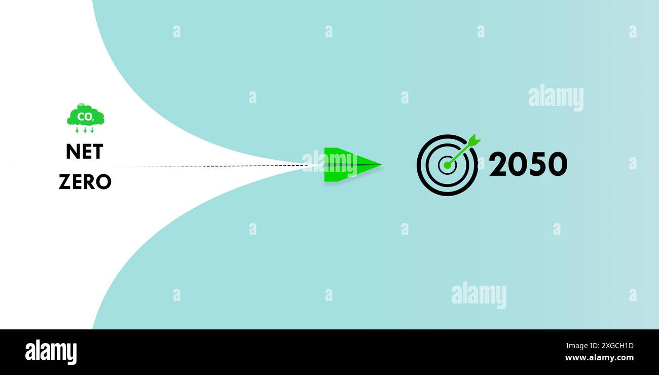 Green Plane steuert auf die Zielvorgabe für die Senkung des Kohlendioxids bis 2050 an , Business Creativity New Idea Discovery Innovation Technology, Net Zero Stockfoto