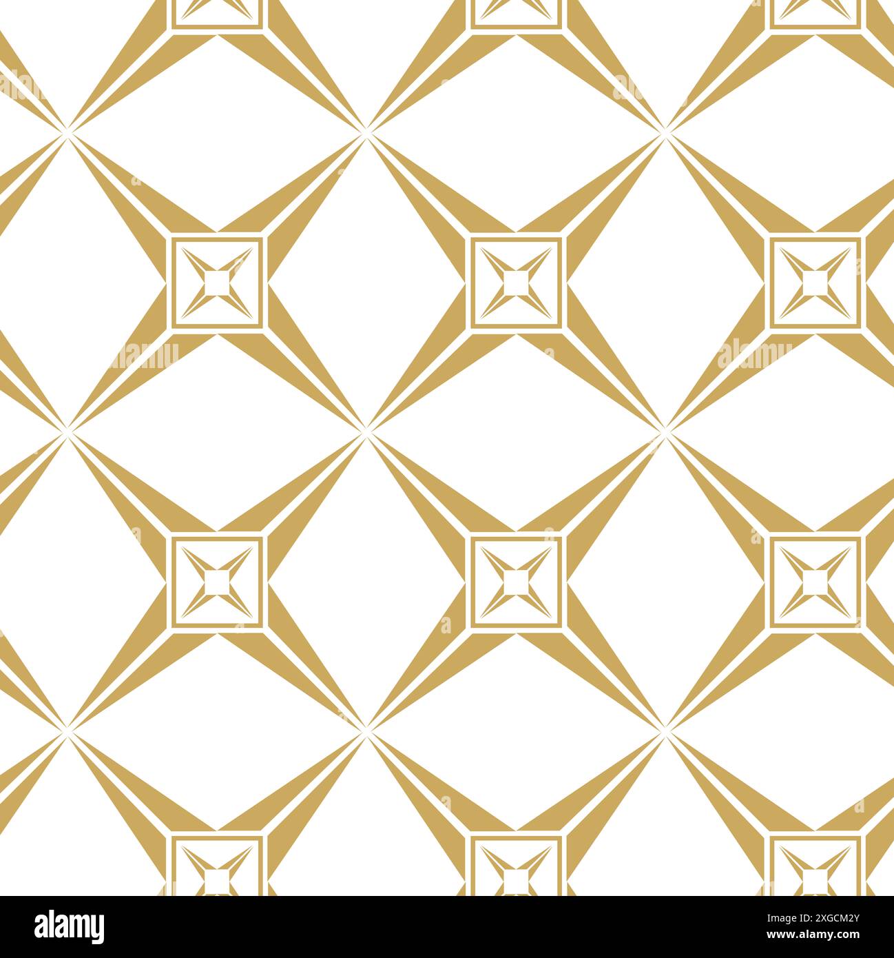 Abstraktes geometrisches Muster mit Sternen, Streifen, Linien. Nahtloser Vektorhintergrund. Weiße und goldene Blumenschmuck. Modernes, vernetztes Grafikdesign. Stockfoto