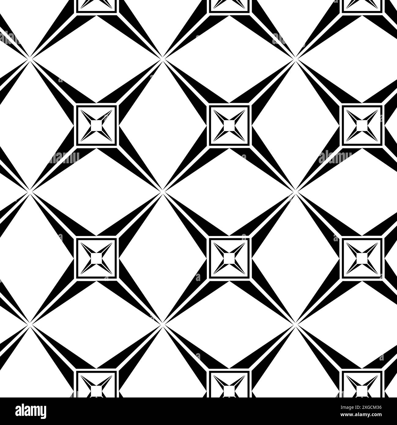 Abstraktes geometrisches Muster mit Sternen, Streifen, Linien. Nahtloser Vektorhintergrund. Weiße und schwarze Blumenschmuck. Modernes, vernetztes Grafikdesign. Stockfoto