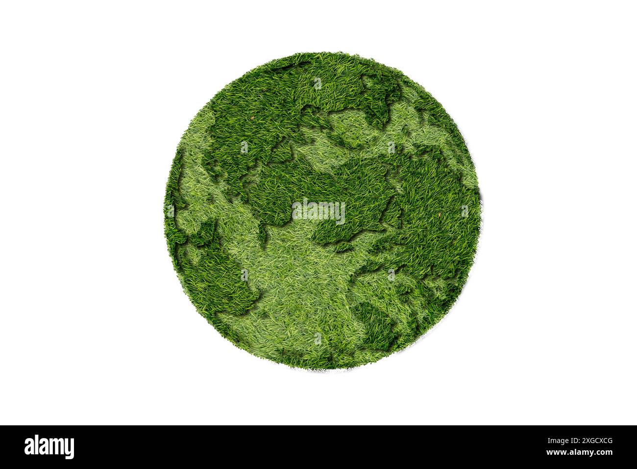 Grüne Blätter. Liebe Die Welt. Rettet Die Welt. Kugelform von grünem Gras isoliert auf weißem Hintergrund. Grasglobe - atlantikseite. Stockfoto