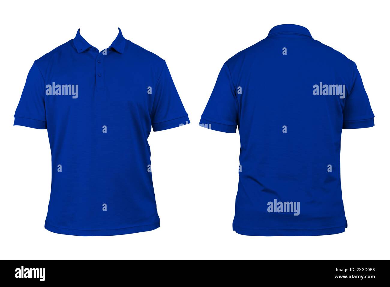 Leere Kleidung für Design. Blaues Poloshirt, Kleidung auf isoliertem weißem Hintergrund, Vorder- und Rückansicht, isoliertes schwarzes, einfarbiges T-Shirt. Modell. Drucken Stockfoto