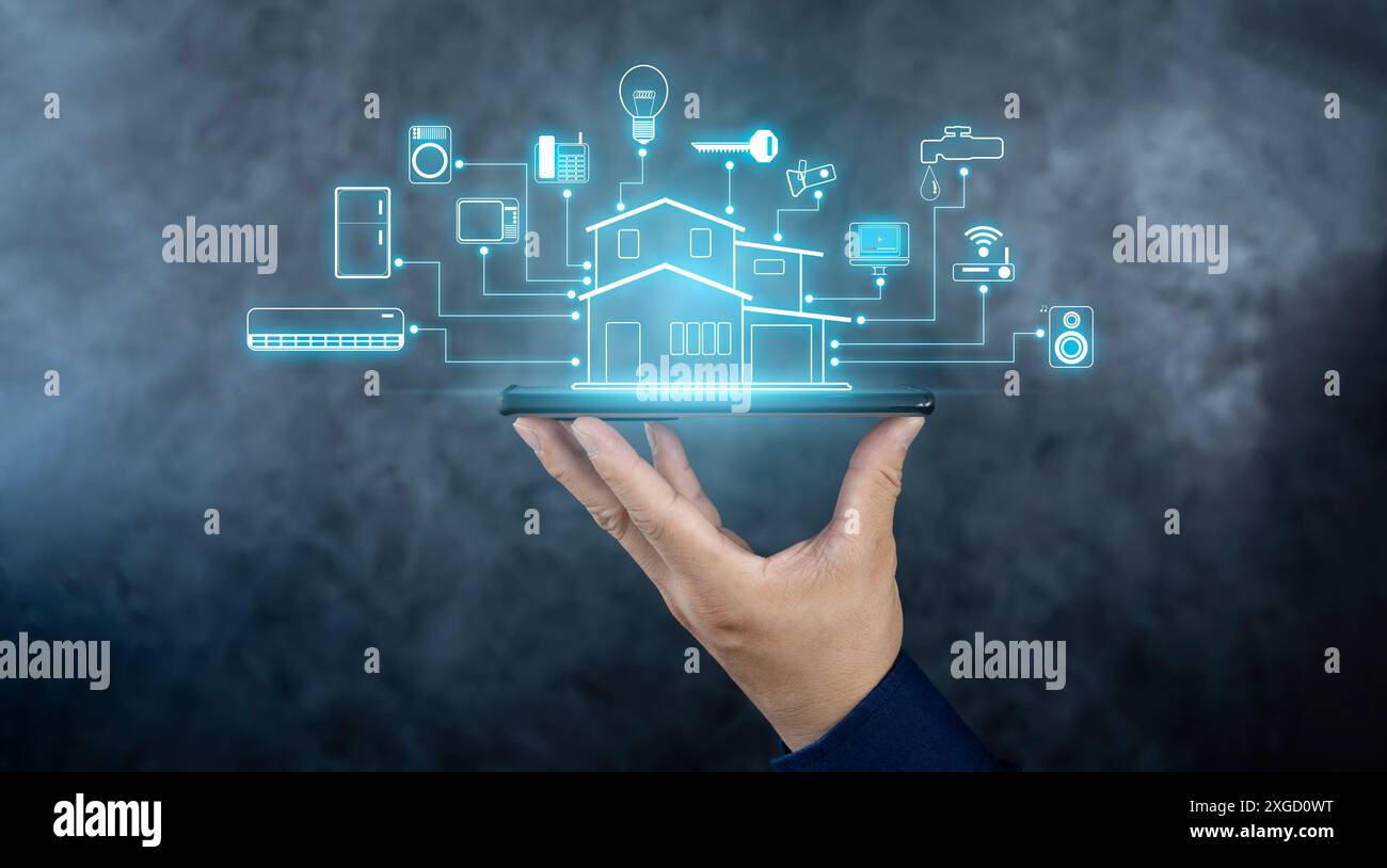 Sicherheitskonzept für Smart Home, Intelligent House und Home Automation App. Internet der Dinge und Smart-Home-Konzept. Alles mit einem Smar zu kontrollieren Stockfoto