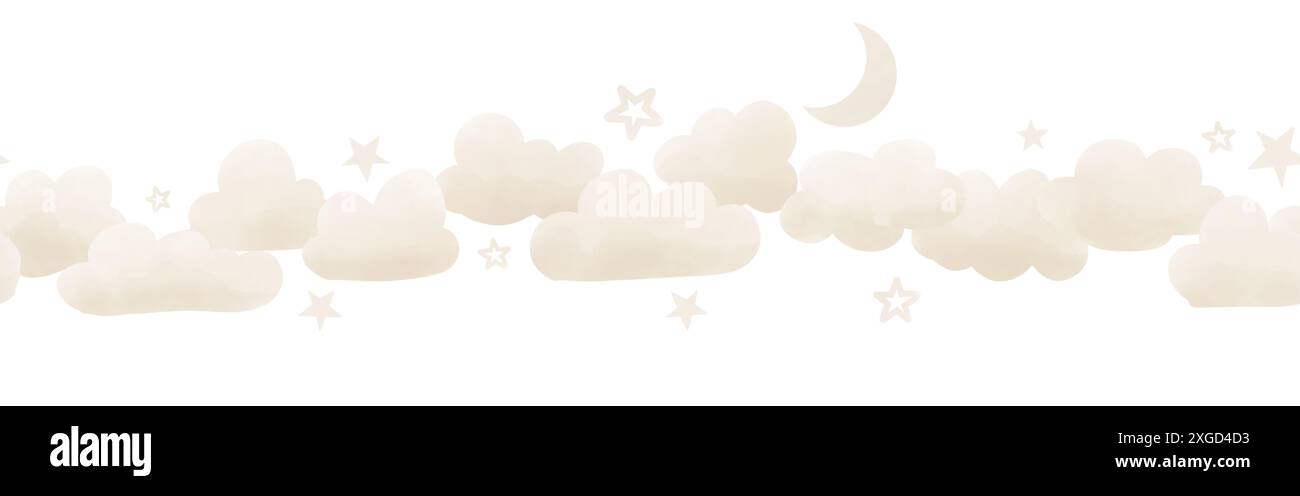 Babyrand mit Wolken und Sternen in Pastellbeige. Nahtloses Muster für Mädchen oder Jungen Kindergarten Wandkunst oder kindliche Grußkarten oder Weihnachtseinladungen. Kindliches Ornament für Rahmen. Stockfoto