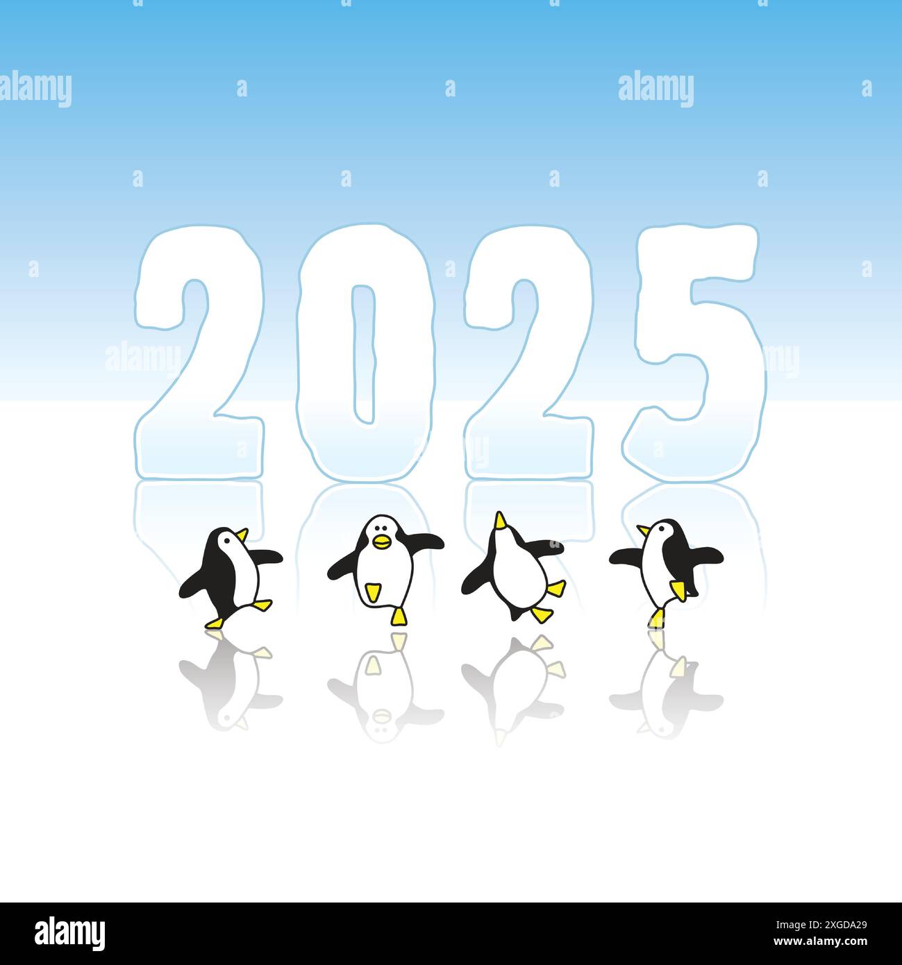Vier glückliche Pinguine tanzen vor der Eisskulptur des Jahres 2025 Stock Vektor