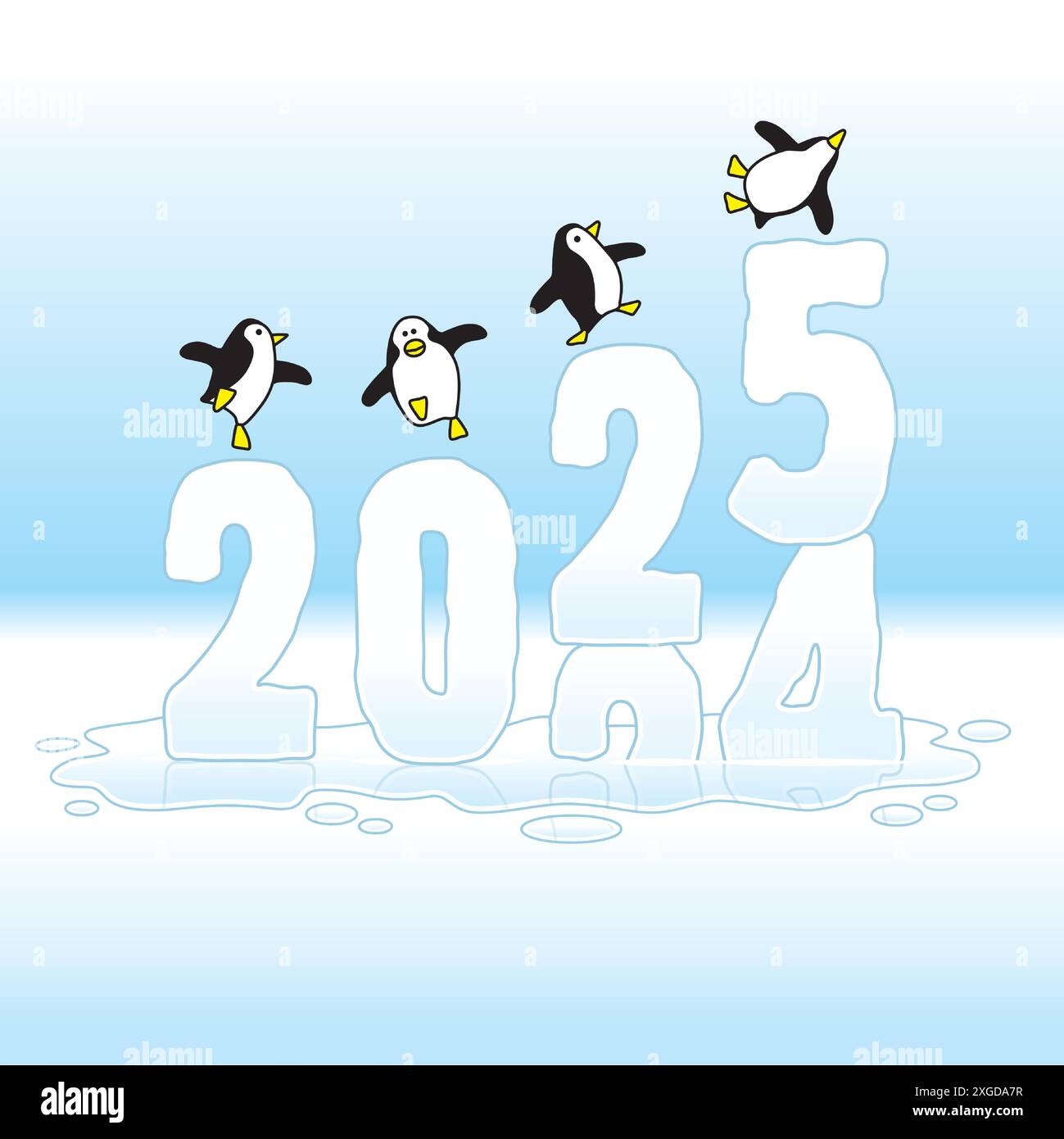 Vier glückliche Pinguine tanzen auf der sinkenden Eisskulptur des Jahres 2024-25 Stock Vektor