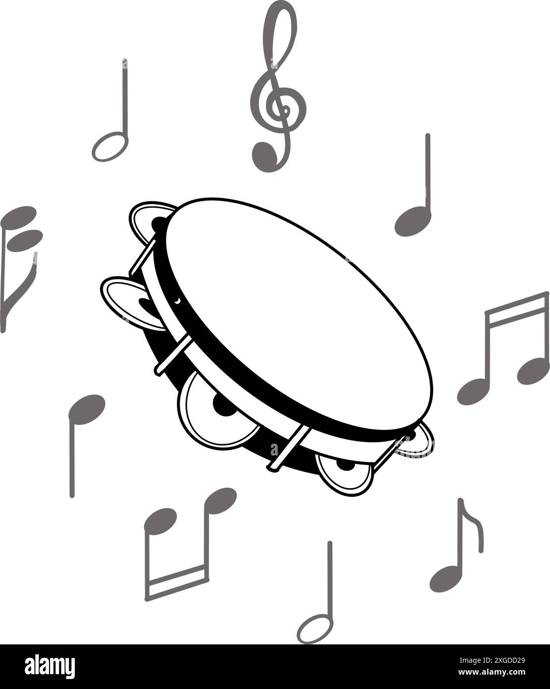 Musikinstrument - Tamburin, Noten. Vektorabbildung. Alle Objekte werden im Vektor von Hand in Schwarz gezeichnet. Geeignet für das Bedrucken von Einladungen. Stock Vektor