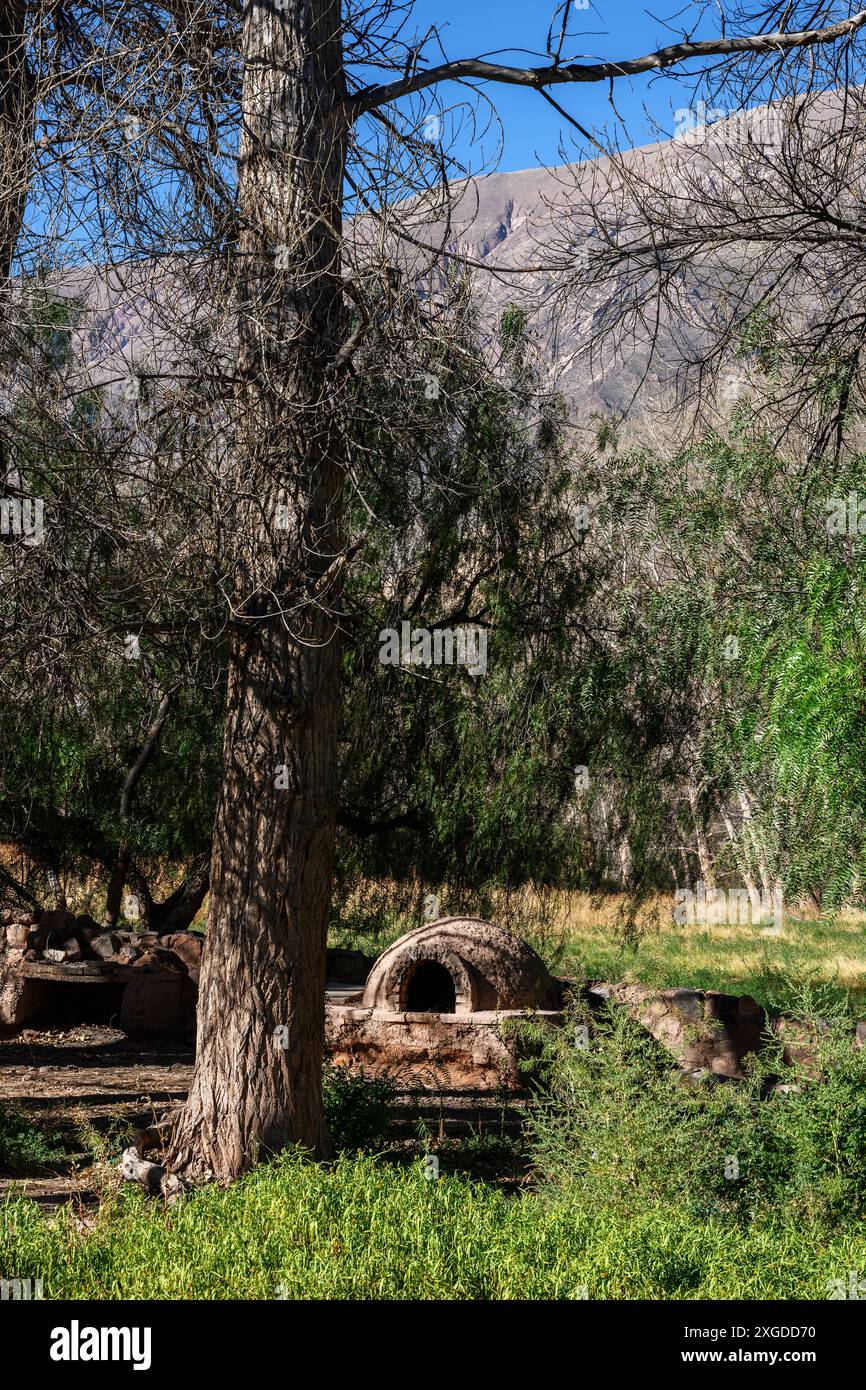 Typisch südamerikanische ländliche Szene mit Bergen, Himmel, Gras, Bäumen und einem Lehmofen im Vordergrund Stockfoto