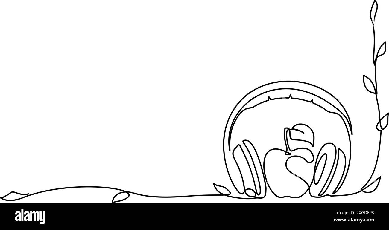 Kopfhörer mit Apfel und Pflanzen. Durchgehende einzeilige Zeichnung Stock Vektor