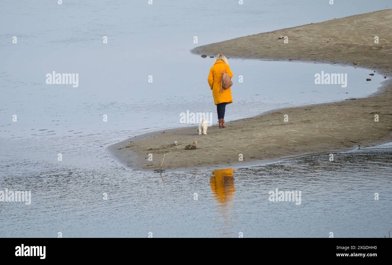Frau, die mit Hund am Ufer der Drava läuft Stockfoto