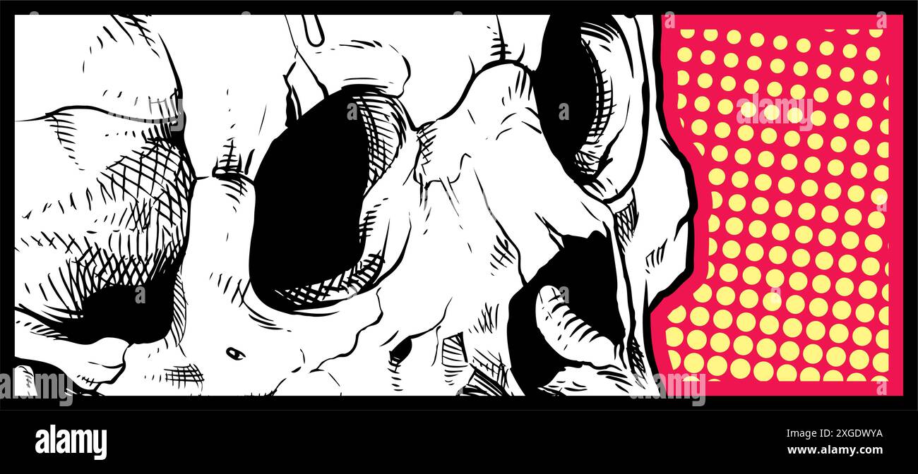 Weißer, grafischer menschlicher Schädel mit schwarzen Augen Stock Vektor