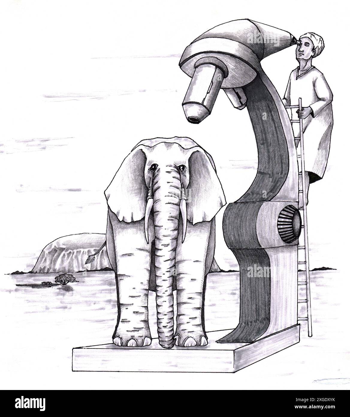 Ein Elefant unter einem riesigen Mikroskop wird von einem Mann auf einer Leiter untersucht, der draußen in das Mikroskop blickt, in einer natürlichen Umgebung in diesem Schwarzweiß Stockfoto