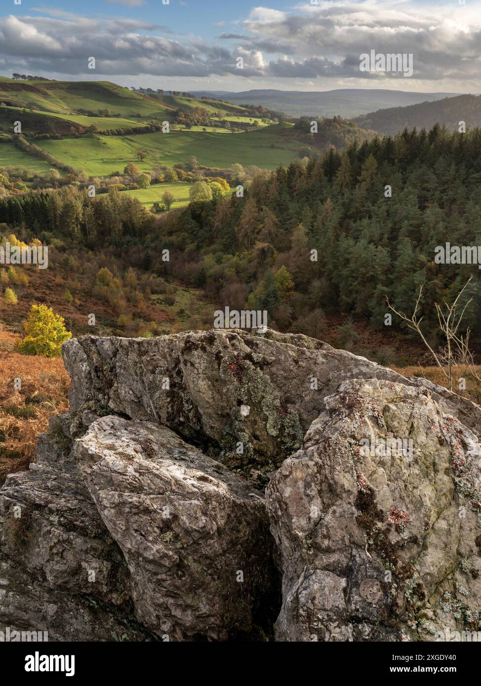 Dramatische Landschaft und Aussicht von den Stiperstones, einem freiliegenden Quarzitgrat in South Shropshire, Großbritannien Stockfoto