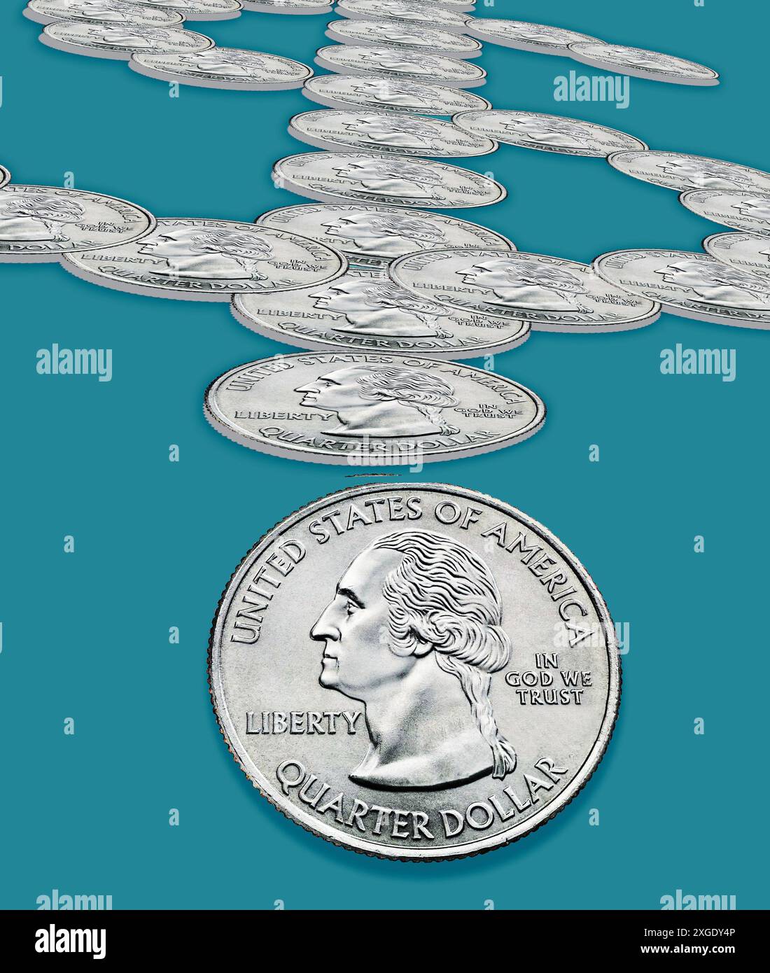 US-Viertelmünzen machen ein Dollarzeichen in einer 3D-Illustration über das Sparen von Geld kann sich zu großen Dollars summieren. Stockfoto