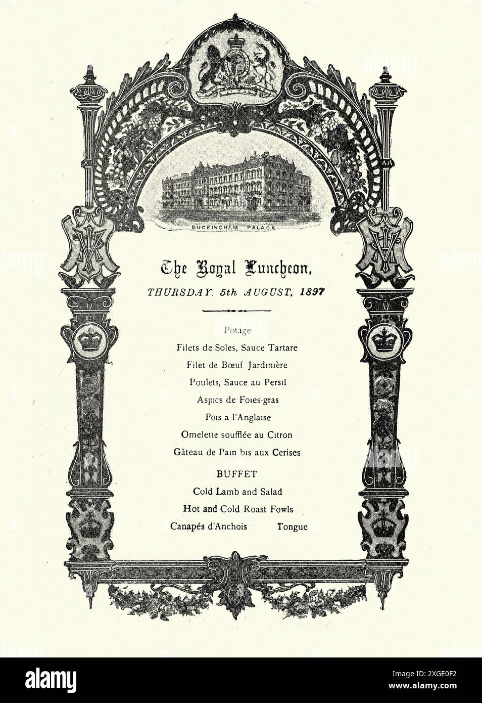 Menü für ein königliches Mittagessen im Buckingham Palace, viktorianisches Essen und Trinken, 1890er Jahre, Vintage Illustration aus dem 19. Jahrhundert Stockfoto