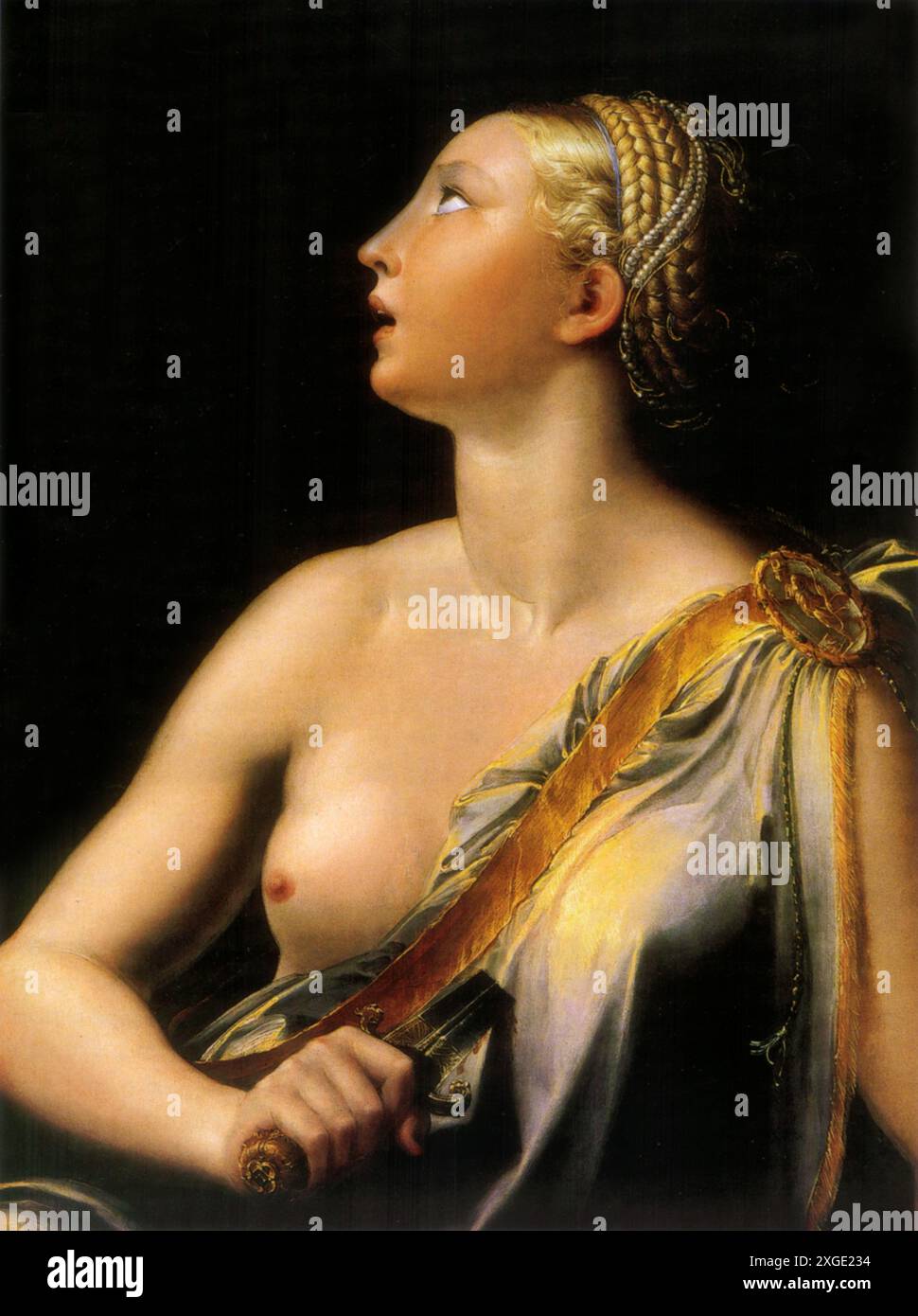 Lucretia ist ein Ölgemälde von Parmigianino aus dem Jahr 1540, das ursprünglich aus der Sammlung Farnese stammt und heute im Museo nazionale di Capodimonte in Neapel liegt. Stockfoto