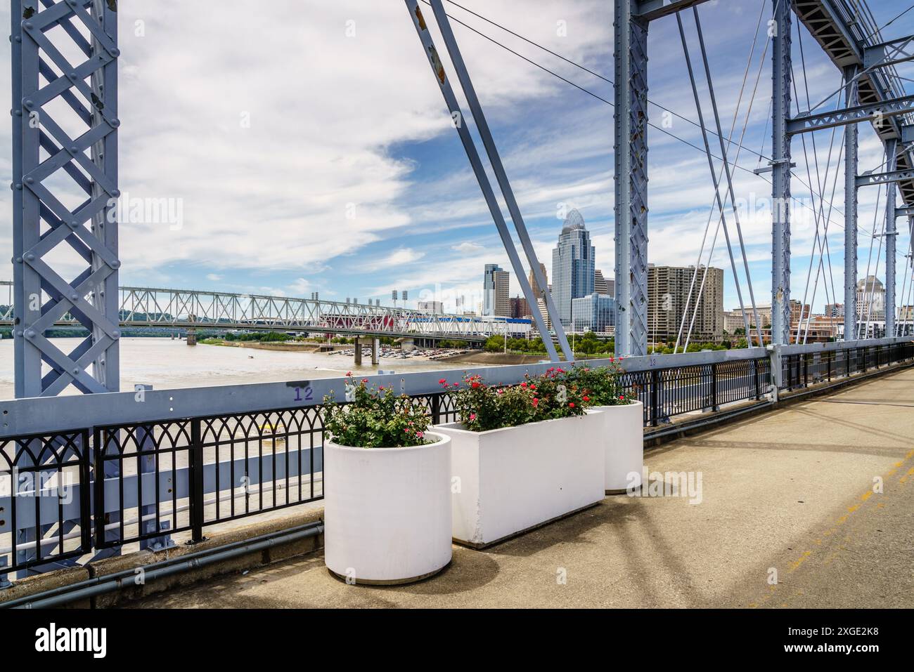 Blick auf die Innenstadt von Cincinnati und den Ohio River von der Purple People Bridge Stockfoto