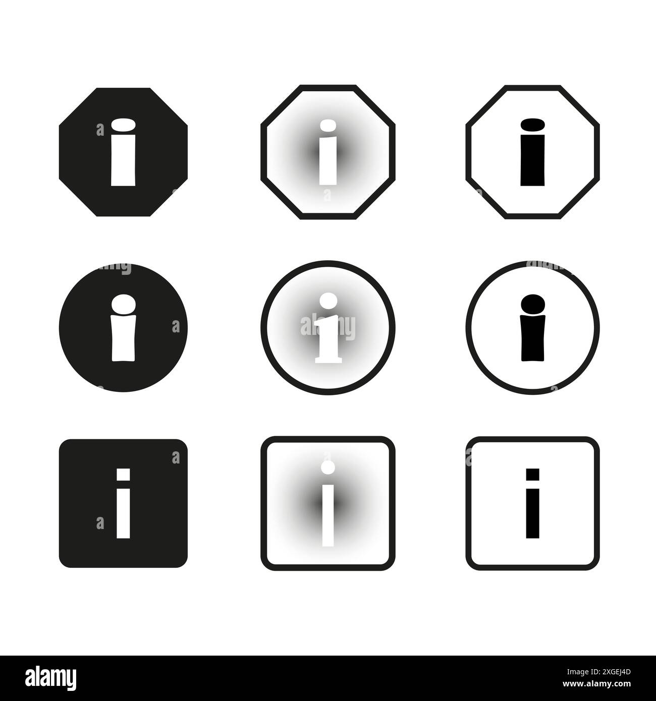Symbolgruppe „Information“. Vektor verschiedener Formen. Schwarz-weiß. Informationssymbole löschen. Stock Vektor