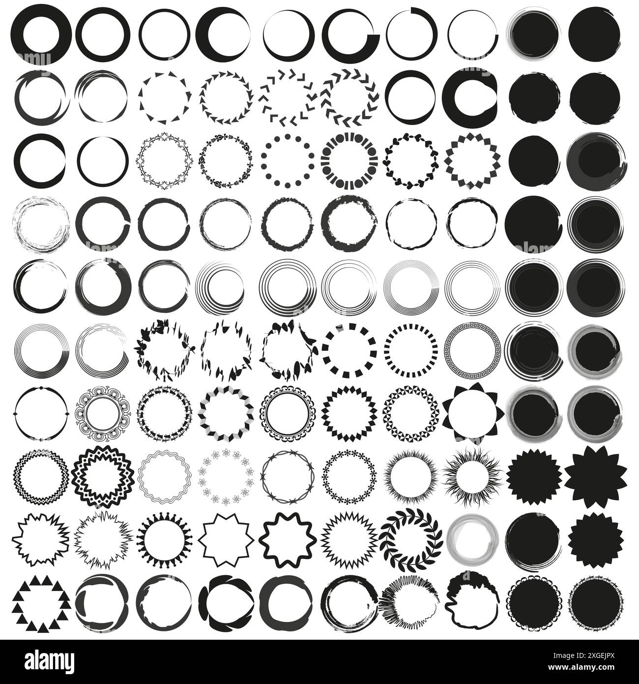 Abstrakte Kreissymbole. Verschiedene dekorative Designs. Verschiedene Stile und Muster. Vektorabbildung. Stock Vektor