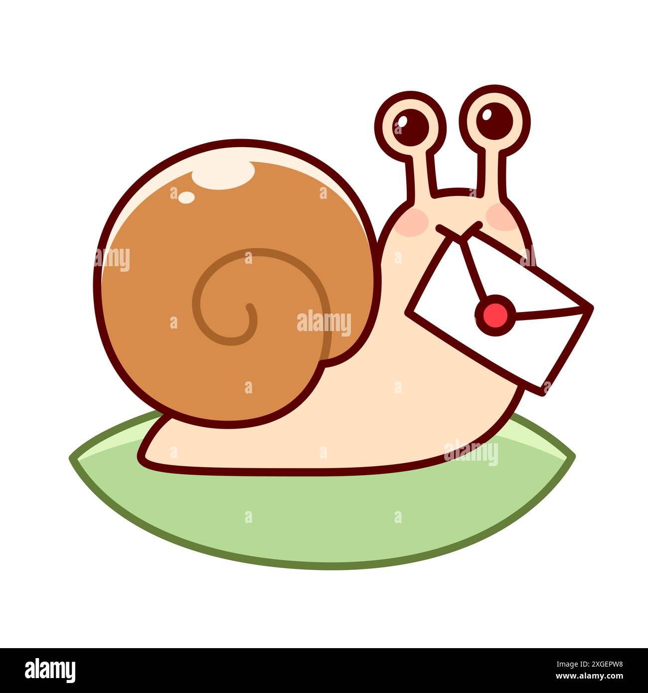 Schneckenpost. Niedliche Karikaturschnecke mit Briefumschlag, lustige Zeichnung. Einfache handgezeichnete Kritzelei, Vektorillustration. Stock Vektor