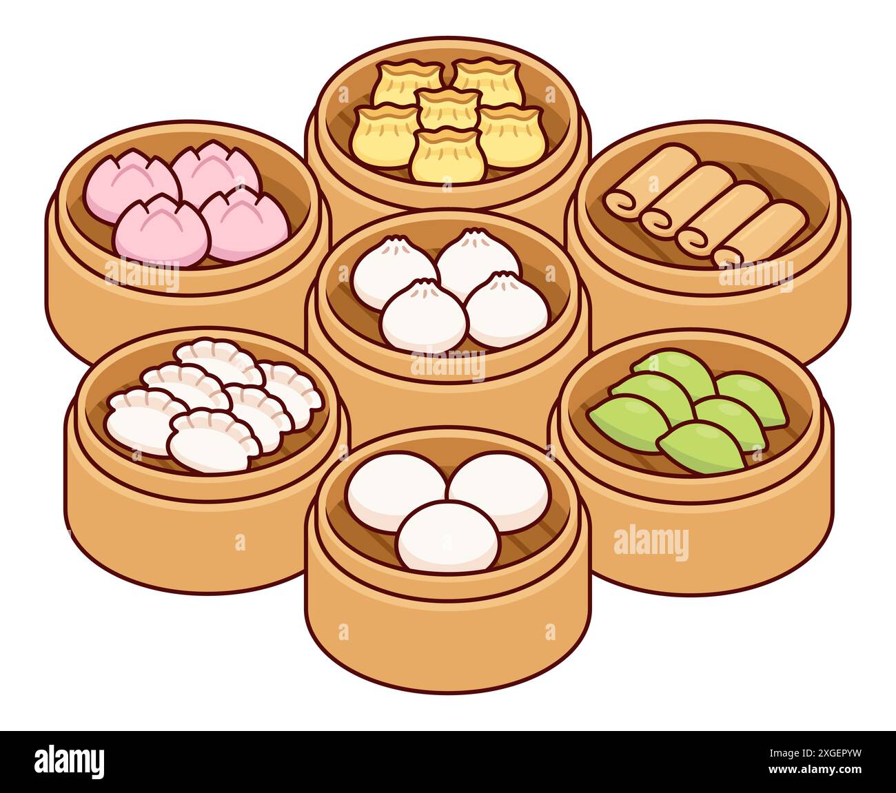 Dim Sum, traditionelle chinesische Klöße, in Bambus-Dampfkörben. Frühlingsrollen, Potsticker, bao-Brötchen. Asiatisches Essensbuffet Cartoon Vektor Illustration Stock Vektor