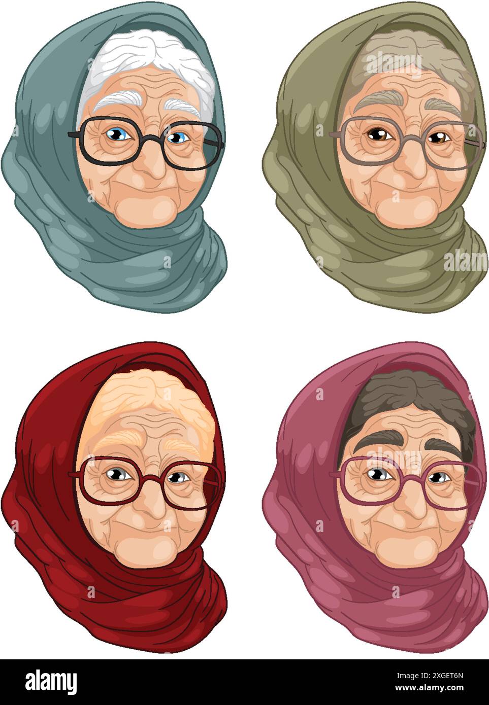 Vier ältere Frauen mit Brille und Tüchern Stock Vektor