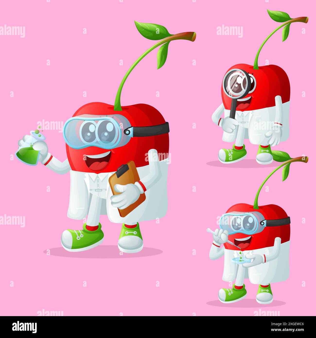 Eine Reihe von niedlichen Kirschfiguren als Wissenschaftler. Perfekt für Kinder, Merchandise und Aufkleber, Werbebanner oder Blogs Stock Vektor
