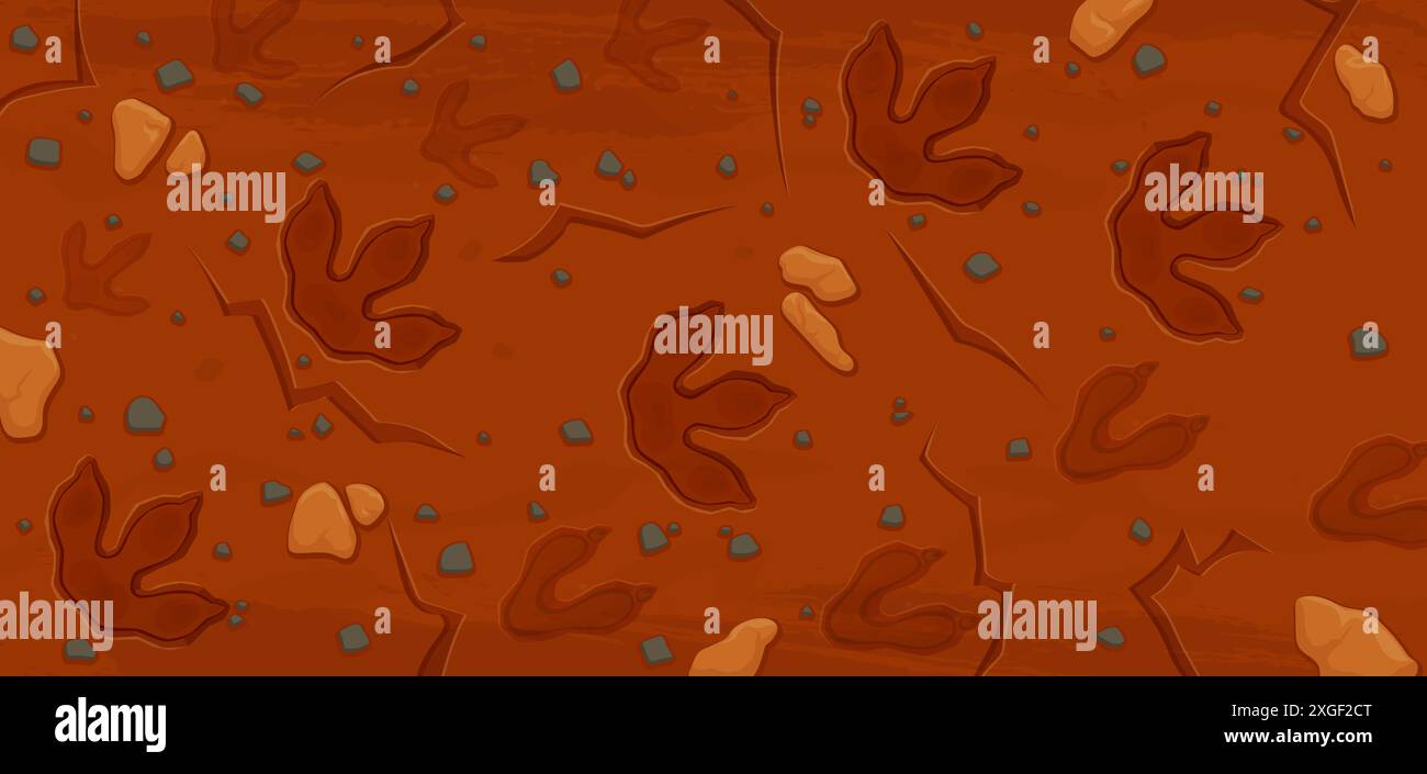Fossilienspuren aus prähistorischer Zeit. Zeichentrickvektor Hintergrund mit alten Dino Reptil Tier Pfoten Drucke. Jurassische archäologische und paläontologische Funde, Fußabdruck auf braunem Grund Stock Vektor