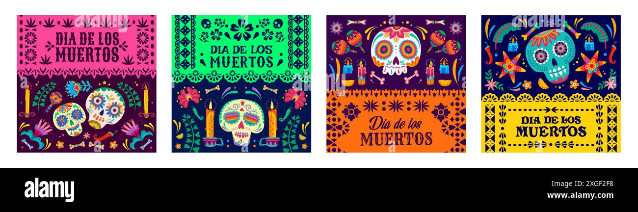 Tag der Toten Papel Picado Papierflaggen mit Dia de los Muertos Zuckerschädel, Maracas und Oferrenda Kerzen. Vektor mexikanische Halloween-Schädel und festliche Wimpelgirlande mit ethnischem Blumenmuster Stock Vektor