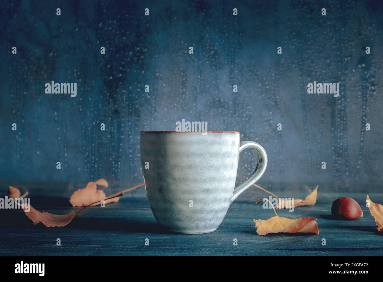 Tee mit Herbstblättern an einem regnerischen Tag, getöntes Bild mit Platz für Text Stockfoto