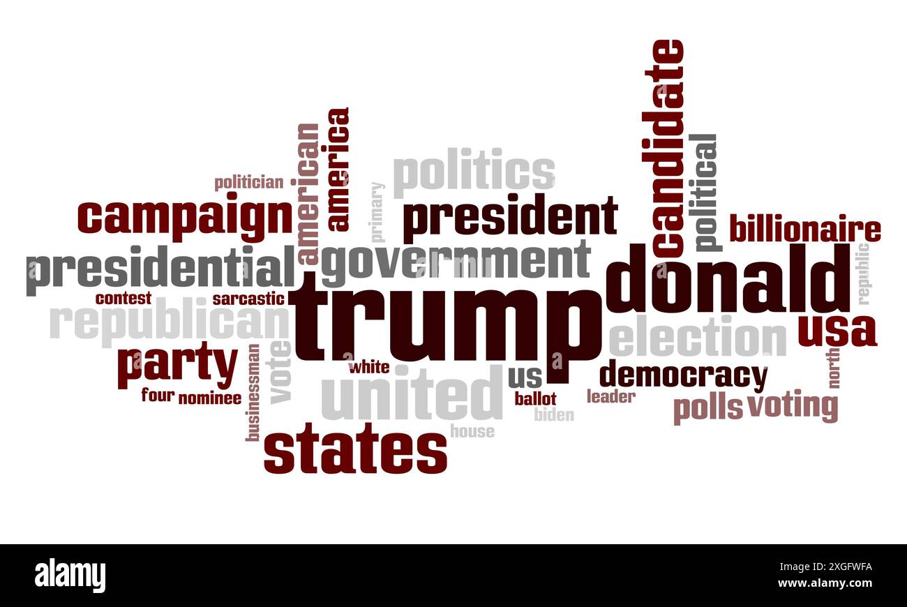 OSTRAVA, TSCHECHIEN - 22. JULI 2020: Die Wortwolke mit Worten im Zusammenhang mit Donald Trump und den Präsidentschaftswahlen 2020 in den USA Stockfoto