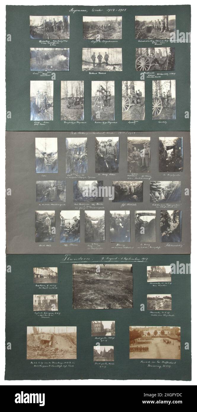 Der große Fotobesitz eines Infanterieoffiziers an der Westfront. Mehr als 800 Bilder (50 x 34 cm) klebten auf etwa 110 lose Seiten, die Seiten in chronologischer Reihenfolge von 1914 bis 1918 und beschriftet. Bilder von Positions- und Grabenkrieg, zerstörten Panzern usw. Hochinteressante Fotografien, deren zeitliche Anordnung für die Forschung von großem Interesse ist. Historisch, historisch, 20. Jahrhundert, 1910er Jahre, erster Weltkrieg / 1. Weltkrieg, Weltkrieg, Weltkriege, Stockfoto