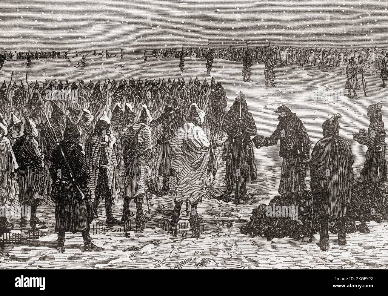 Russische Soldaten geben türkischen Gefangenen nach der letzten Schlacht am Schipkapass während des Russisch-Türkischen Krieges (1877–1878) Essen und Trinken. Von Russes et Turcs: La Guerre D’Orient, veröffentlicht 1878. Stockfoto