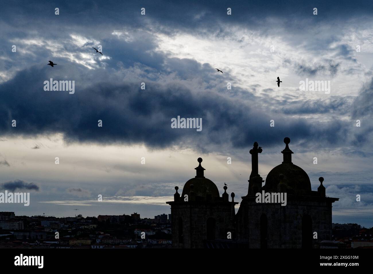 Silhouetten von Vögeln, die in der Abenddämmerung über die Kuppeldächer von Porto fliegen, schaffen eine dramatische Szene vor einem bewölkten Himmel Stockfoto