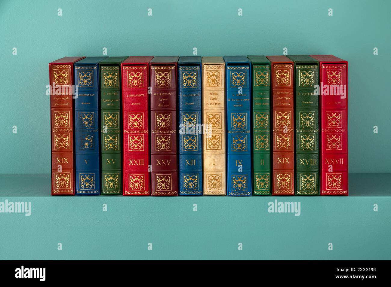 Eine Sammlung von Vintage-Hardcover-Büchern steht ordentlich auf einem Regal Stockfoto