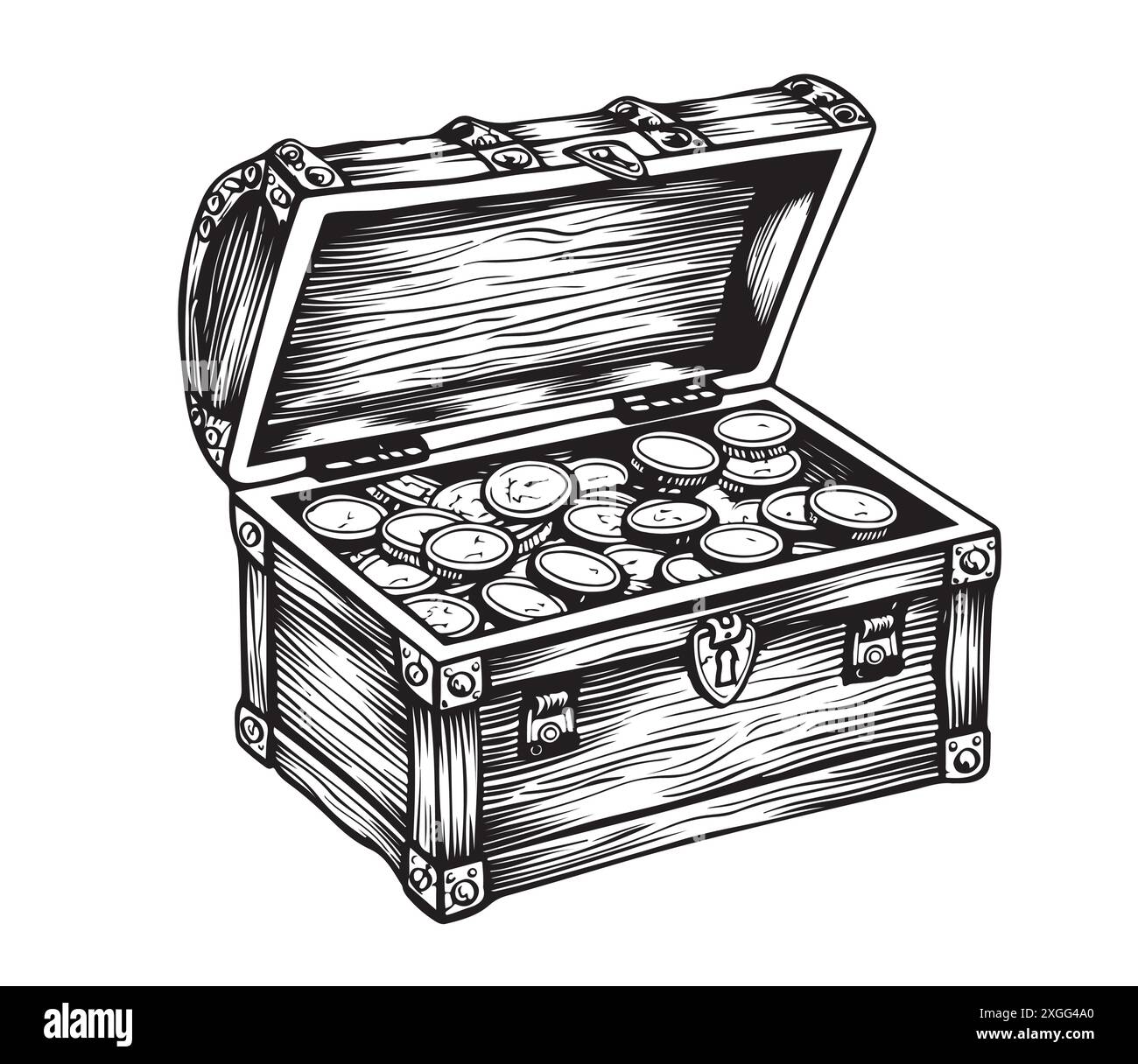 Piratenkiste voller Goldmünzen . Hand gezeichnete Vektorillustration im Stich-Stil Stock Vektor