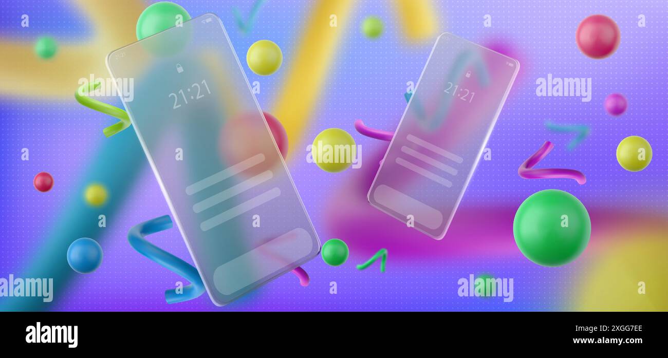Abstrakter Hintergrund mit Benutzeroberfläche des Mobiltelefons auf unscharfem rechteckigem transparentem Glas, das über farbenfrohe Kugel und geometrischen Elementen schwebt. Realistischer 3D-Vektor-Glasmorphismus bg mit Smartphone. Stock Vektor