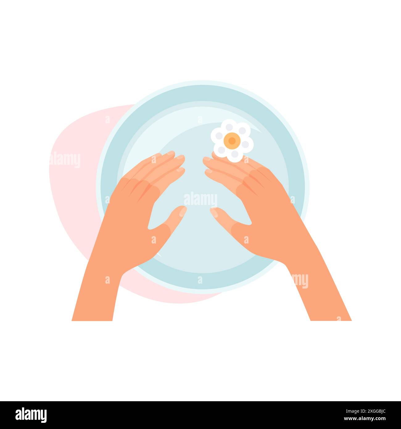 Spa-Prozedur für die Hände Haut, Draufsicht der Palme im Bad mit Wasser und Blume Vektor Illustration Stock Vektor