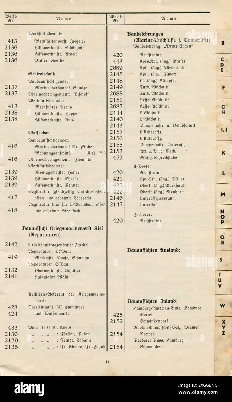 Buch, Telefonbuch der Friedrich Krupp Germaniawerft AG, Kiel-Gaarden, spätere 1930er Jahre, Nebenstellen, Auszug, NUR FÜR REDAKTIONELLE VERWENDUNG Stockfoto