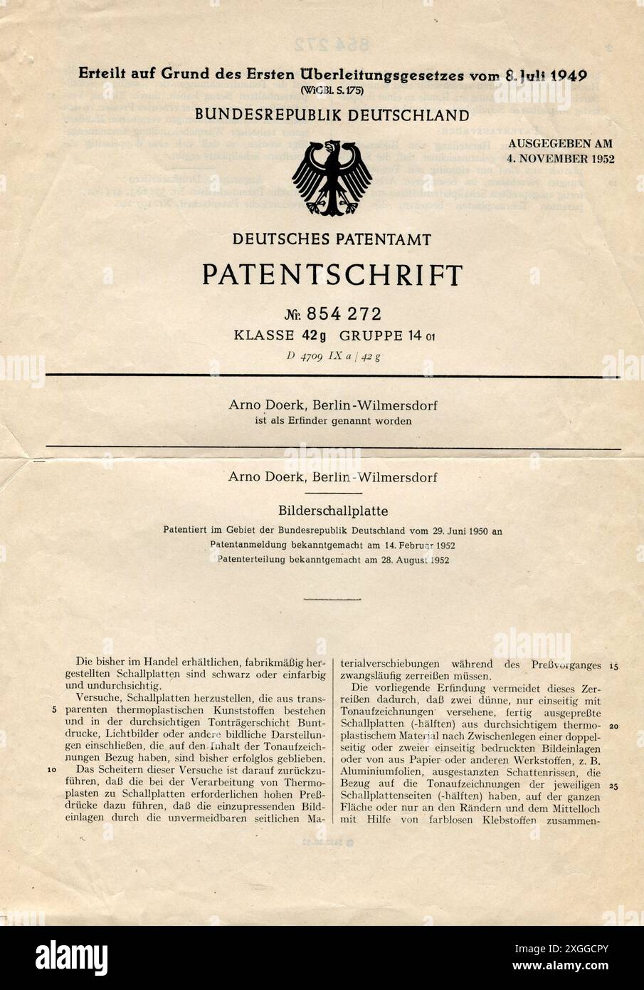 Dokumente, Patent, Patentschrift Nr. 854272, Deutsches Patentamt, Bildaufzeichnung, ADDITIONAL-RIGHTS-CLEARANCE-INFO-NOT-AVAILABLE Stockfoto