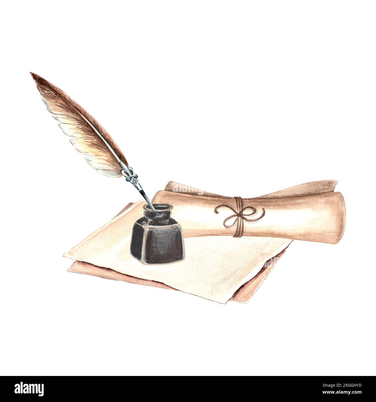 Federstift und Tintenfass mit Pergament und Rolle. Schreibzubehör für Vintage-Kompositionen. Handgezeichnete Aquarellillustration isoliert. Wissen für Stockfoto