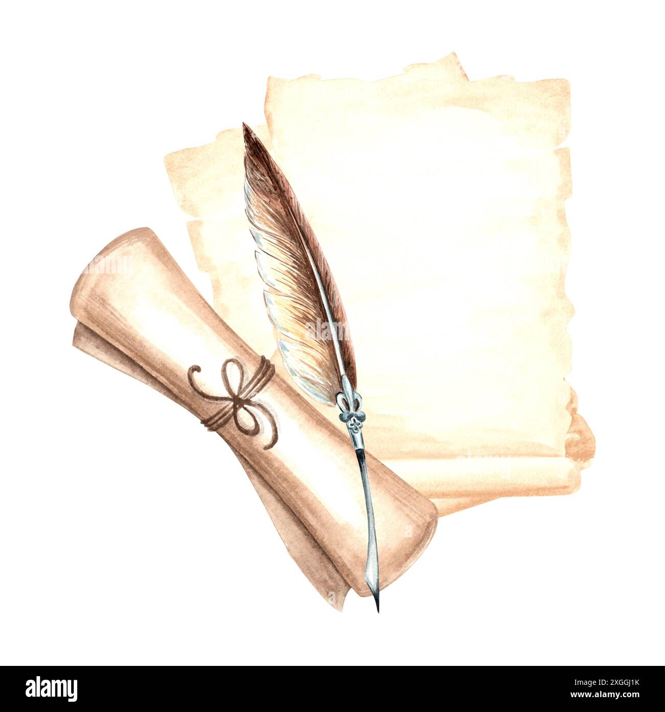 Federstift mit Pergamentblättern und Scroll. Komposition mit Vintage-Schreibgeräten. Handgezeichnete Aquarellillustration isoliert. Wissen für Stockfoto